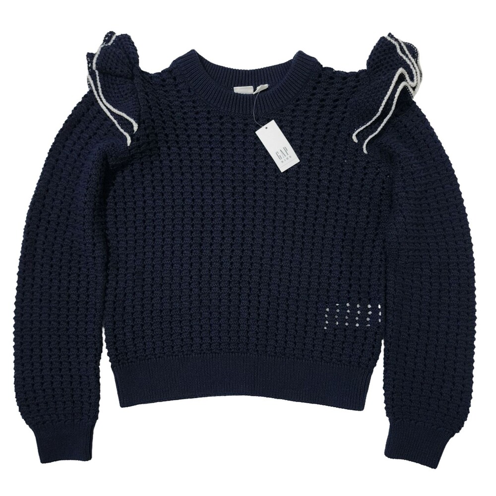 GAP Kids Ruffle Crochet Sweater Navy Uniform Blue Crew Neck Knit Girls L NWT